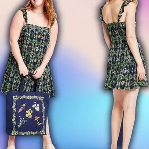 Agua Bendita for Target Navy Blue Floral Tile Print Ruffled Mini Dress Size S
